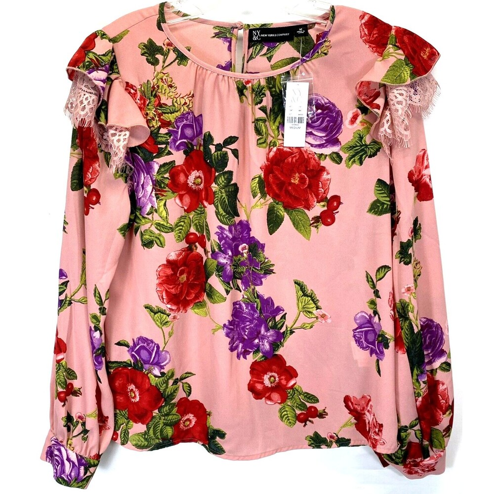 New York & Company Women'Top Sz M Multicolor Lace Cap Long Sleeve Semi Sheer NWT